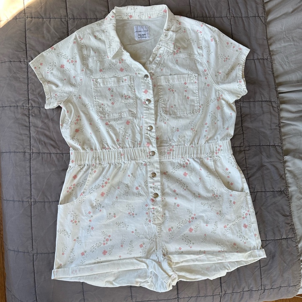 Celebrity Pink plus-sized white denim romper with pink floral print size 3XL